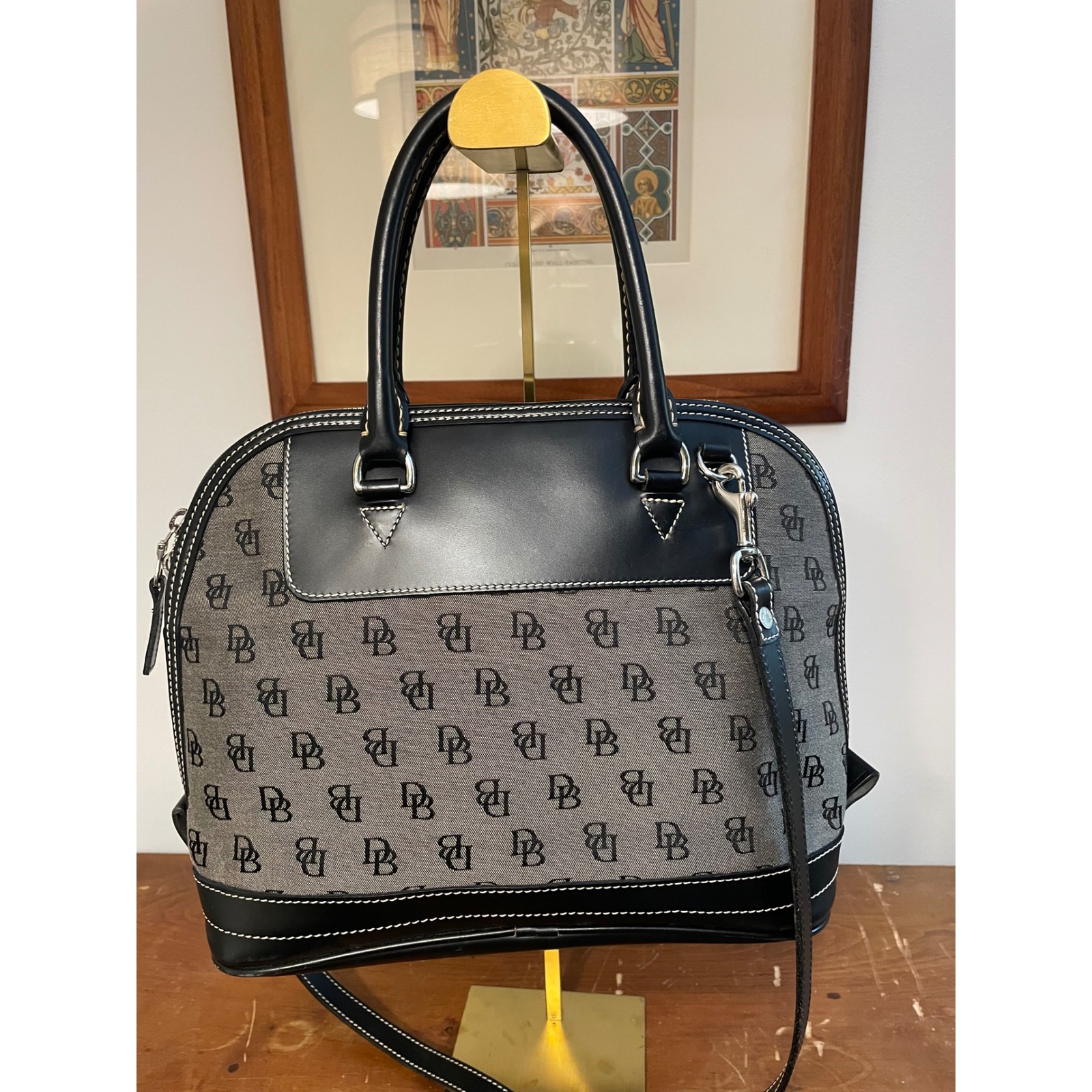 Dooney & Bourke Monogrammed Dome Satchel Bag Black Grey Leather Trim